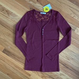 Waffle-knit Burgundy Long Sleeve Top